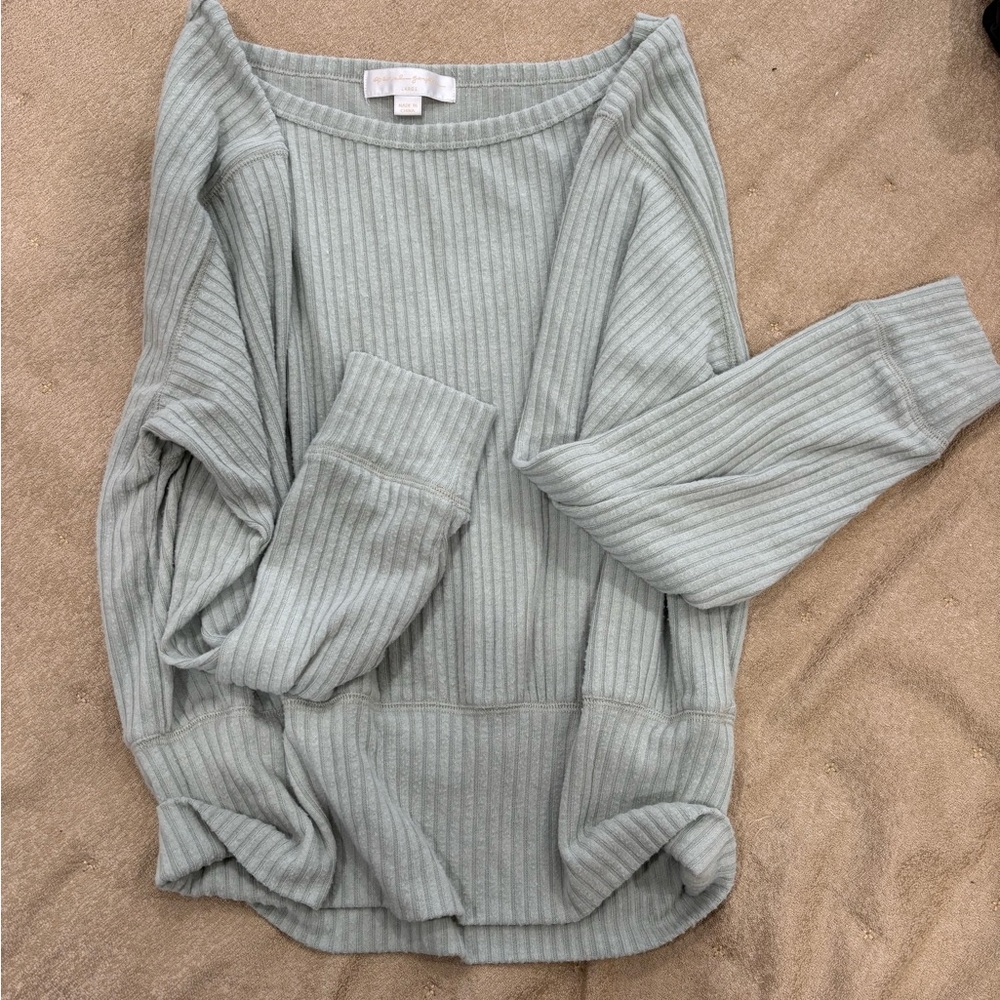 Spiritual Gangster Ribbed Off-the-Shoulder Sweater in Sage